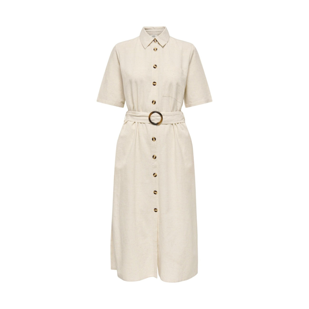 Jacqueline De Yong Jurk Dames Beige – Katoen-Linnen Mix & Ronde Hals
